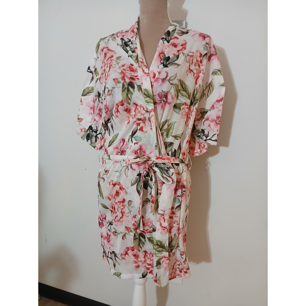 Show Me Your Mumu One Size Floral Robe Pink White Short Wrap Kimono Sleepwear